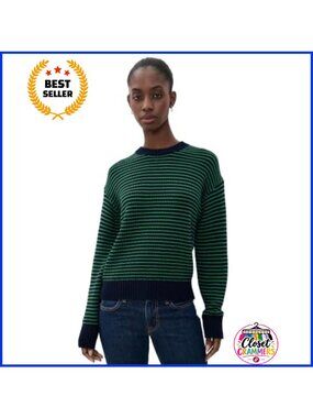 Relaxed Crew Neck Striped Pullover Sweater Mid-Weight Stretch Knit